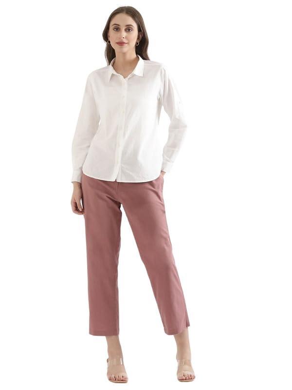 Image of SAADAA Women's Airy Linen Straight Pants | Regular Fit Trousers | Half Elasticated with Drawstrings & Buttons | 4 Pockets | Everyday & Office Wear
