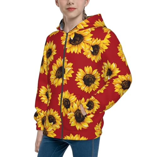 Sunflowers On Red Kids Pullover Hoodies Boys Zip Up Sweatshirts Girls Athletic Clothes with Pocket