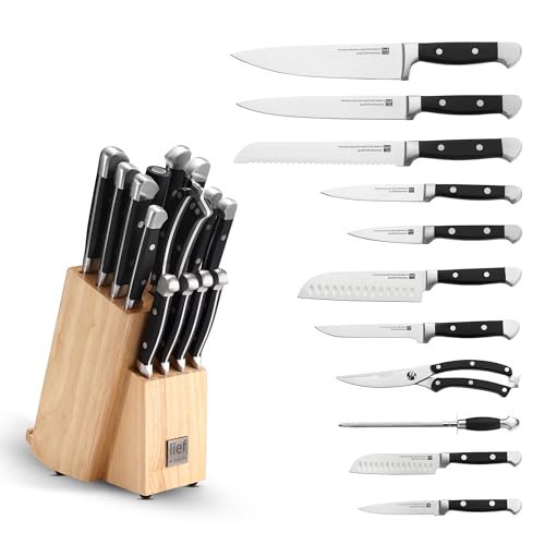 lief + svein German Steel Knife Block Set, 15-Piece Kitchen Knife Sets. German Stainless 1.4116 Steel. Unique Kitchen Knives Set with Ipad Holder. Ideal Knife Set with Block and Sharpener.