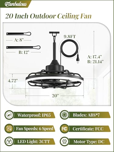 Image of Fanbulous 20 inch Outdoor Ceiling Fan with Light, Waterproof Caged Gazebo Fan | IP65, Weatherproof, Plug in , Remote, APP Control, 3CCT Dimmable, Outdoor Fan with Hanging Hook for Patio, Porch, Pergola
