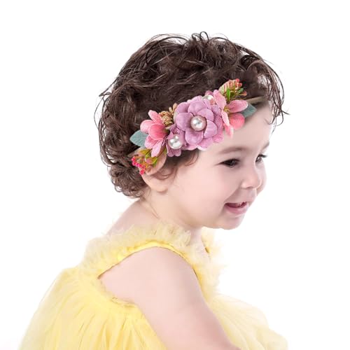 Baby Girls Fabric Flower Headbands Handmade Rose Floral Stretchy Nylon Hair Band Party Flower Photo Props Hair Acceaaory for Newborn Toddler Infant (Style 4- pink, stretchy)4