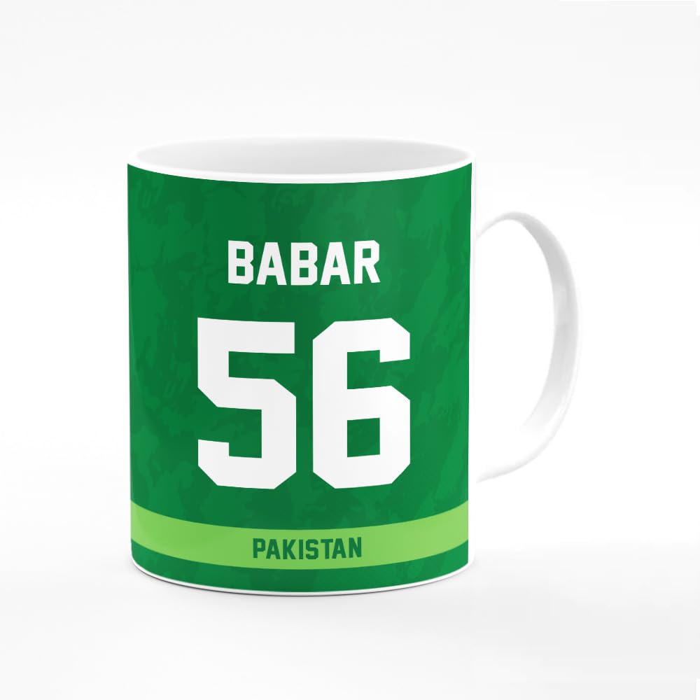 Stylizedd Designer Printed Coffee Mug with Heavy Duty Handle 11oz Ceramic Personalised Gift Mugs Cup [Microwave Safe & Dishwasher Proof] - Cricket Player - Babar Azam, Jersey Number - 56