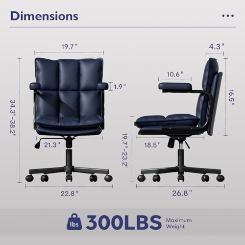 Image of Mid Century Modern Desk Chair, Vintage Leather Office Chair, Blue | Petite Computer Chair for Small to Medium Women, Thickened Back, Cozy Seat, Adjustable Height for Home