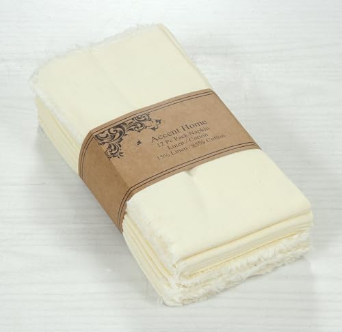 ACCENTHOME Ivory Cotton Linen Napkin Set of 12 18x18 inch Dinner Napkins - Washable Soft Premium Hotel Quality Reusable Hemmed Edges Napkins Perfect Table Linens for Family Dinners