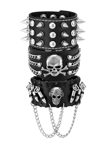 JOVIVI 3pcs Spike Studded Rivets Punk Rock Biker Wide Strap Genuine Leather Bracelets Necklace Chain Wristband Adjustable