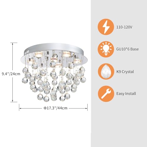Saint Mossi 6-Lights Modern Chandelier K9 Crystal Lighting Fixture,Modern Flush Mount Ceiling Light Fixtures Raindrop Chandelier for Bedroom,Dining Room, Living Room, H13 x D20
