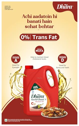 Image of Dhara Kachi Ghani Mustard Oil (0% Trans Fat), 5 L Jar /4.5 L Jar (May contain free turmeric powder 50g) (Pack of 2)