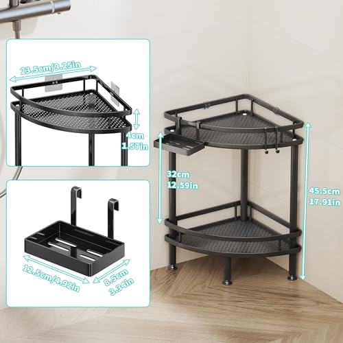 Image of HapiRm Standing Corner Shower Caddy - 2 Tier Shower Organizer Corner with Soap Holder and 2 Hooks, Rustproof Bathroom Storage Shelves with Adhesives, Black