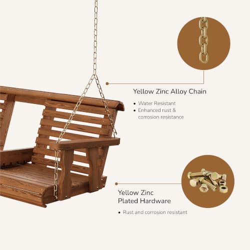Image of Porchgate Amish Heavy Duty Console Porch Swing with Fold Down Cup Holders in Oak Stain - Amish Made in The USA from Treated Pine, Hanging Chains Included