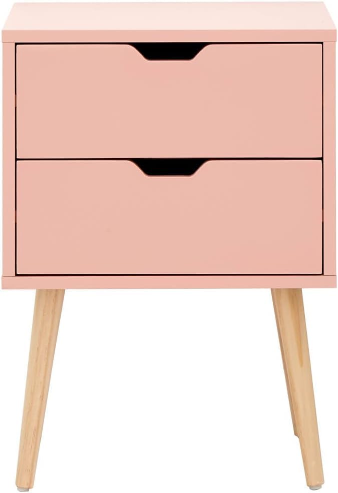 Image of WOOYNEX Bedside Tables, Wooden Nightstands with Solid Wood Legs & 2 Drawers, End Tables Storage Units for Living Room /Bedroom,etc .(Pink)