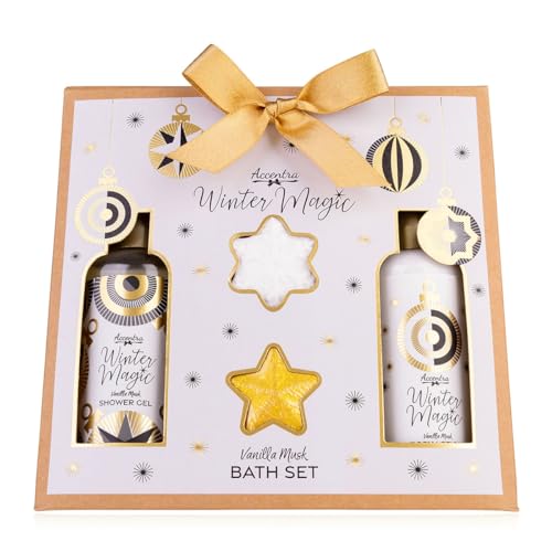 Accentra Winter Magic Bath Set in Gift Box, 4-Piece Wellness Set for Women with Shower Gel, Body Lotion & 2 Bath Bombs, Festive Gift Set for Christmas, Vanilla Musk in White, Gold & Black