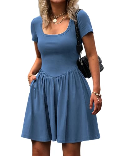 Image of Mieazom Women's Summer Casual Short Sleeve Mini Dress Square Neck A Line Pleated Swing Dresses Basic Short Dress with Pockets