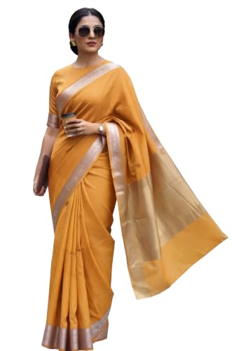 Image of Women's Cotton Blend Banarasi Saree With Unstitched Blouse Piece