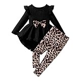 Bekleidungssets Mädchen Kleidung Langarmkleid mit Schlaghose Karierter Leopard Herbst Winter Kinderkleidung Rüschen Langarm Tops Und Hosen 2PC Kleine Mädchen Winter Outfits T Shirt Set 4 7 Jahre
