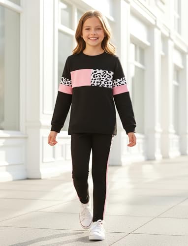 Image of PATPAT Little Girls Clothes Crew Neck Leopard Color Block Sweatshirt and Leggings Girls Outfits Size 4-12Y