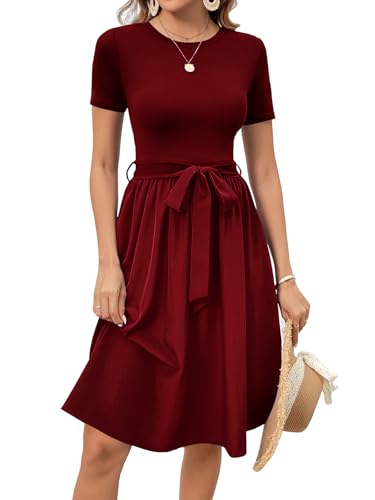 Image of Women's Elegant Vintage Round Neck Short Sleeve Summer Casual Work Party A-Line Dress with Belt 809