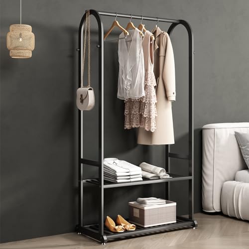 BUZUEY Perchero resistente, perchero de metal con estantes inferiores y 6 ganchos laterales para colgar ropa, abrigos, camisas (L: 31.5 pulgadas)