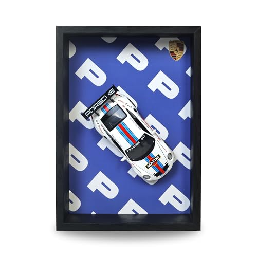 Image of CodersParadise - Porsche GT3 RS 3D Car Frame Wall Art | 1:32 Die-Cast Metal Model Car with Red & Blue Racing Stripes | Wooden Display Frame, Detachable Miniature, Interchangeable Posters, Pull-Back Action, Lights & Opening Doors | Collectible Gift for Cars Lovers