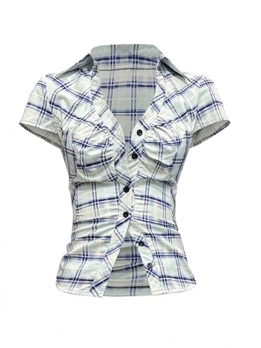 SweatyRocks Women's Y2K Button Down Shirt Plaid Print Short Sleeve Slim Fit Ruched Vintage Blouse