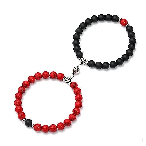 Image of Fashion Frill Stylish Couple Bracelets Black & White Red Natural Stone Onyx Stretchable Wrist Band Heart Magnetic Bracelet For Women Men Boys Girls Love Gifts Friendship Promise Bracelets