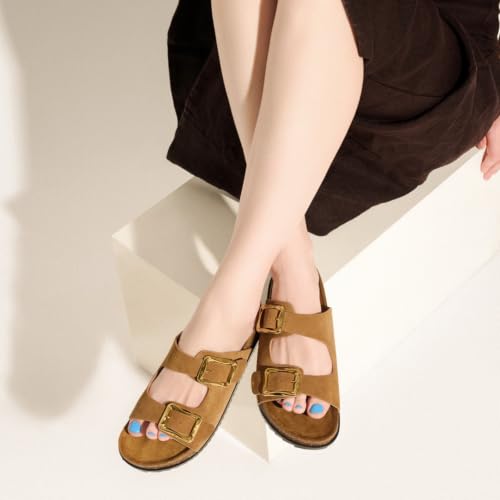 Image of C.Paravano Women Suede Leather Slide Sandal Slip on Wide Width Arch Support | Flat feet friendly, Contoured cushioned footbed, Wide-foot friendly, Great for walking, Adjustable metal buckle, Beach sandal