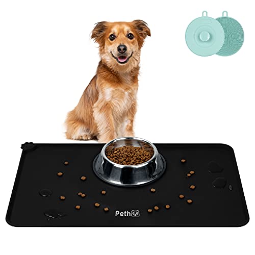 Pethee Futtermatten für Hunde Katzen, Napfunterlage wasserdichte und rutschfeste Silikon Fressnapf Unterlage, Hundefuttermatte Katzenschalenmatte, Tiernahrung Pad (Schwarz 47x30cm) Cover