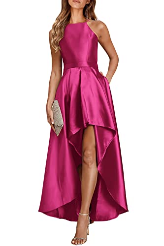 PRETTYGARDEN Women's Summer Long Formal Dresses Sleeveless Halter Neck High Low Maxi Satin Prom Dress Evening Gowns (Rose Red,XX-Large)