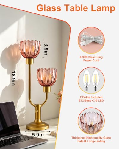 Image of Lightdot Flower Table Lamp Vintage Pink Glass Lamp Bulbs Included Dimmable | Nightstand Lamp Mid Century Modern Gold Desk Lamp Warmwhite Ambient Bedside Lamps for Living Room Bedroom Home Decor Gift