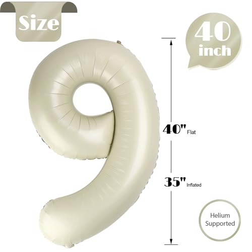 Image of Cream 9 Balloon, Number Balloons 40 Inch, Cream 9th Giant Birthday Decorations, 19th 29th Party Decorations Supplies, Number 9 Balloon