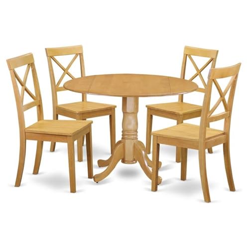 East West Furniture DLBO5-OAK-W 5 Piece Dining Set Includes a Round Dining Room Table with Dropleaf and 4 Kitchen Chairs, 42x42 Inch, Oak