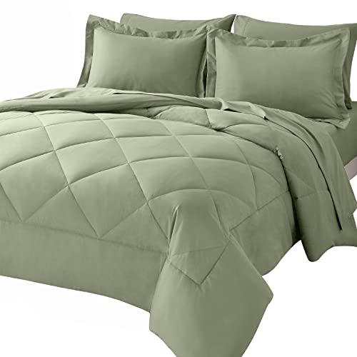 Image of CozyLux King Comforter Set with Sheets 7 Pieces Bed in a Bag Sage Green All Season Bedding Sets with Comforter, Pillow Shams, Flat Sheet, Fitted Sheet and Pillowcases