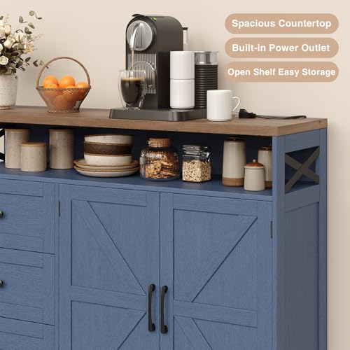 Image of 47 inch Blue Farmhouse Storage Cabinet with Barn Doors and Drawers, Sideboard | Buffet Cabinet with Storage, Kitchen Pantry Hutch, Coffee Bar Station Table for Kitchen, Living, Dining Room