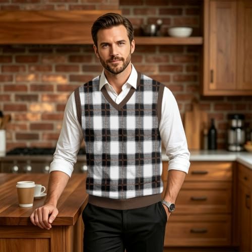 Christmas Sweater Vest Men V Neck Plaid Knit Lightweight Pullover Sweater - image 5