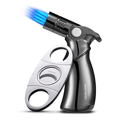 CIGARLOONG Cigar Cutter and Lighter Set 2 Piece Stainless Steel Blade Guillotine and Four Jet Flame Refillable Lighter(Silver+Black)