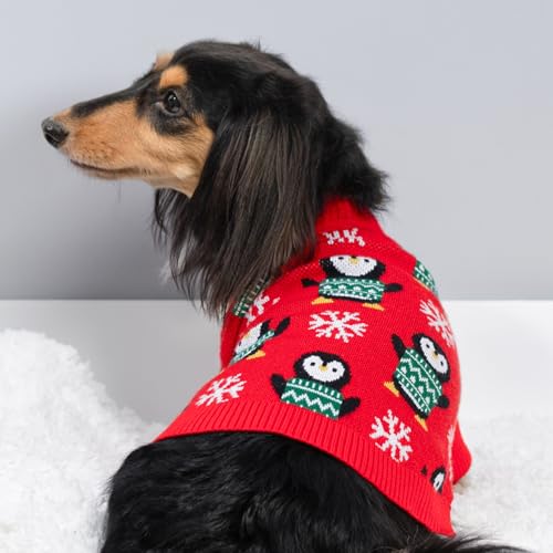 Image of Fitwarm Funny Penguins Dog Ugly Christmas Sweater, Winter Dog Clothes for Small Dogs Girl Boy, Pet Xmas Outfit, Green, Red, White, Large