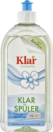 Klar Abrillantador sin perfume, 500 ml, abrillantador para lavavajillas respetuoso con el medio ambiente, para platos sin cal, apto para todos los lavavajillas, libre de fragancias y colorantes sintéticos, vegano