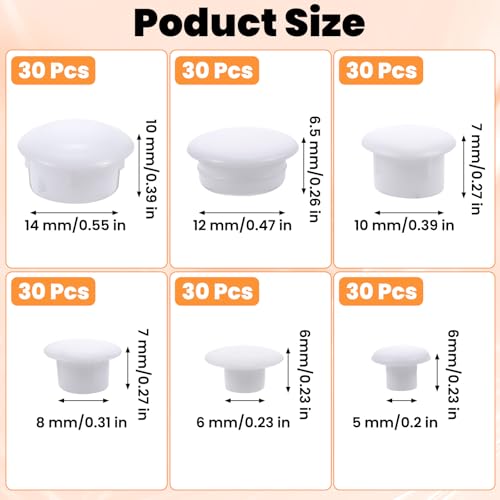 Image of Oruola 180pcs White Hole Plugs,6 Sizes Plastic Hole Plugs,Hole Plugs Assorted for Nail Holes, Screw Holes, Partition Holes in Cabinets, Brackets, Shelves (5mm /6mm /8mm /10mm /12mm /14mm)