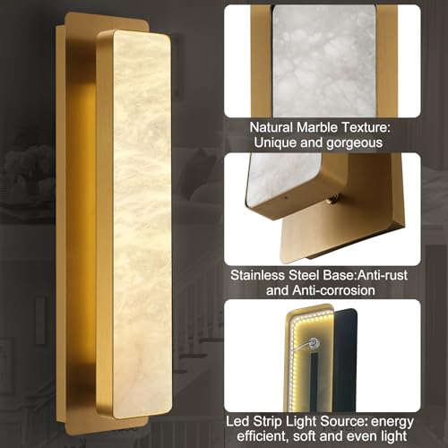 Image of Alabaster Wall Sconces 20 inch Gold Bathroom Vanity Light Indoor Natural Marble Brass Alabaster Wall Lights for Living Room Modern Alabaster Wall Lighting for Dining Room Bedroom Stairs
