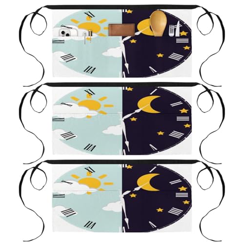 Tablier court de chef motif horloge soleil lune avec 3 poches