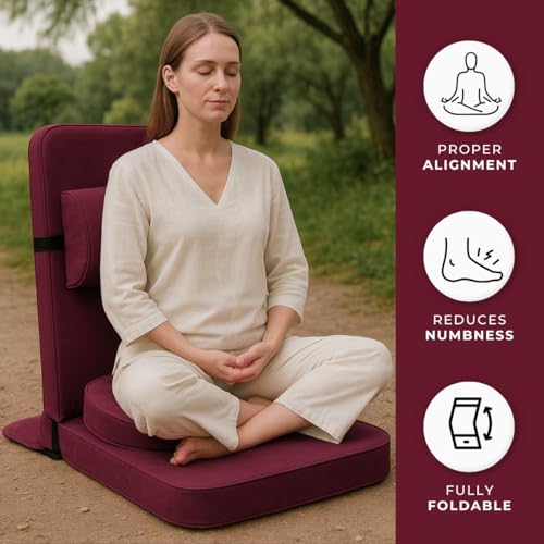 Image of Friends of Meditation Relaxing Buddha Meditation Chair | Detachable Rectangular Back Support & Zafu Cushion | Portable Folding Chair | Floor Chair with Back Support | Yoga Chairs for Adults | Maroon