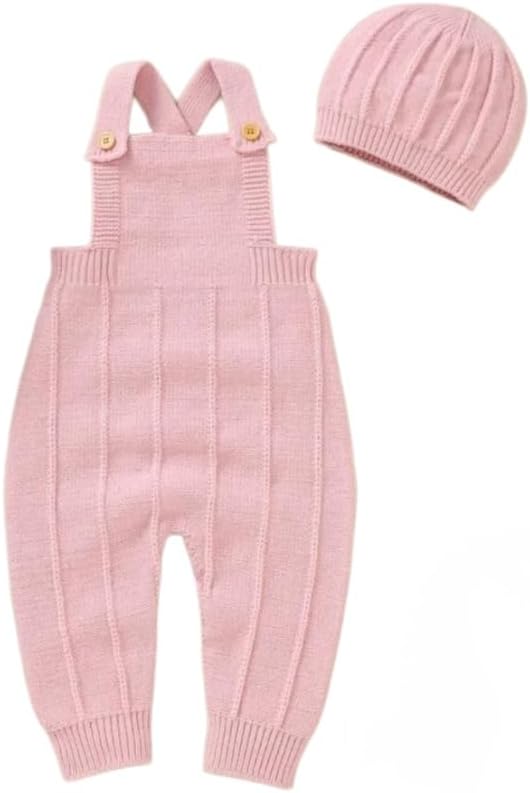 Baby Knit Overalls Set with Beanie and Bunny Security Blanket, Pink, 3-Piece Set.