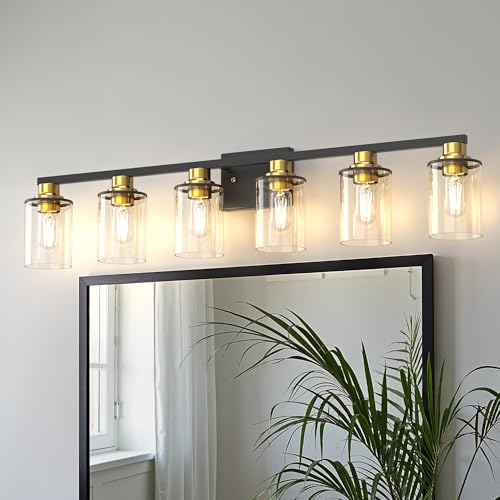 Image of DORESshop 6-Light Black and Gold Bathroom Light Fixture Over Mirror