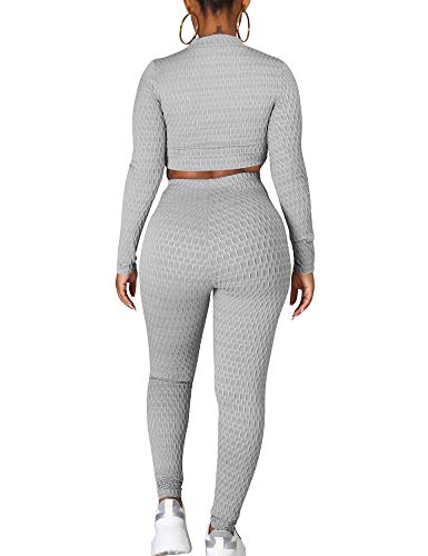 cailami Women's 2 Piece Tracksuit Workout Outfits Long Sleeve Crop Top High Waist Yoga Legging Pants Set, Medium, Grey