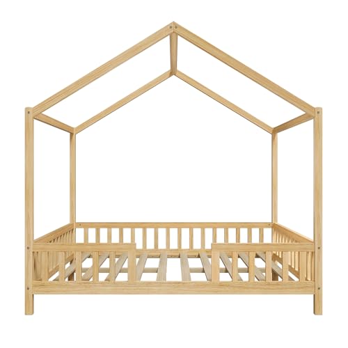 Image of Bellemave Full House BedFrame with Canopy and Rails, Montessori Bed, House Bed with Rails for Kids, Natural