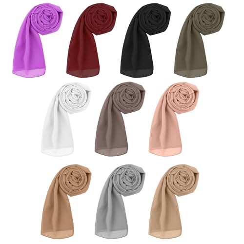 10 Pack Solid Color Chiffon Hijabs, Large Chiffon Hijabs Scarves for Women Muslim Head Wraps Turban Soft Shawls and Wraps for Muslim Women, Lightweight and Breathable