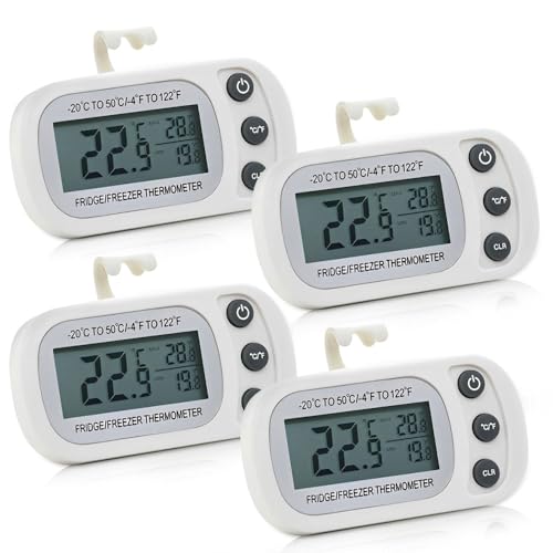 Digital Fridge Thermometer UK, XPJBKC 4Pcs Waterproof Fridge Temperature Thermometer with Large LCD Display Min/Max °C/°F Function, Freezer Thermometer for Freezer Refrigerator Aquarium