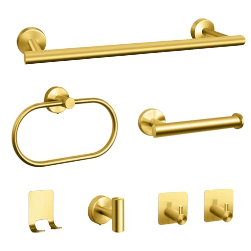 Bathroom Hardware Set 7 Pcs Bathroom Towel Rack Stainless Steel Bath Hardware Kit Including 16 Hand Towel Bars Toilet Paper Holders Towel Rings Robe Towel Hooks (Gold)