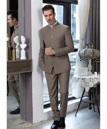 2 Piece Men's Chinese Suit Chinese Stand Collar Slim Fit Suits Front Button Blazer Pant Set3