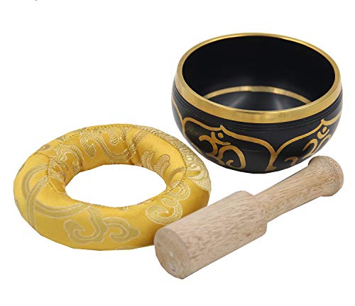 Dharmaobjects ~ Tibetan Om Singing Bowl Set ~ With Mallet, Brocade Cushion & Carry Bag ~ For Meditation, Chakra Healing, Prayer, Yoga #TOP3