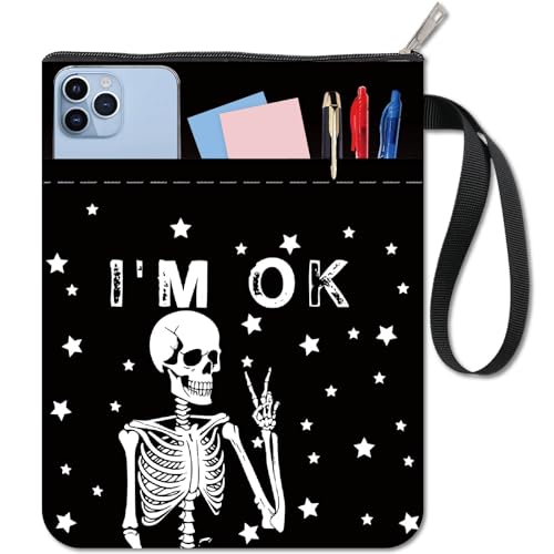 CRASPIRE Copertina per Libro in Tessuto con Cerniera Motivo Scheletro 11x8.6 Pollice Gotico Nera Tascabile Lavabile Bifacciale Riutilizzabile per Quaderni Copertina Rigida Tascabile per Topi